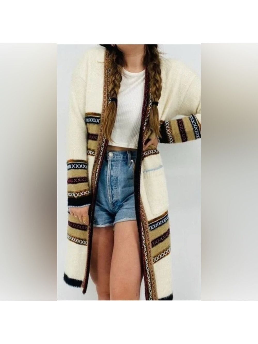 Janice Fair Isle Embroidered Penny Lane Sweater Boho Knit Striped Long Cardigan